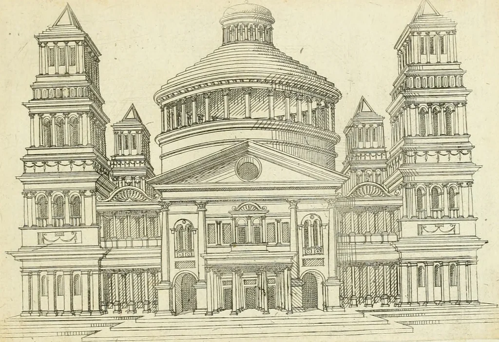 An illustration from Iacobvs Androvetivs dv Cerceav lectoribvs s. Qvoniam apvd veteres alio strvctvræ genere templa fvervnt ædificata, qvam ea qve nostra ætate passim conspicivntur : non inivicvndvm fore studiosis amtiqvitatis, nec a meo institvto alienvm existimavi : si formam ipsam et tanqvam faciem illorvm videndam qvibvslibet exhiberem. .., 1550, leaf 40