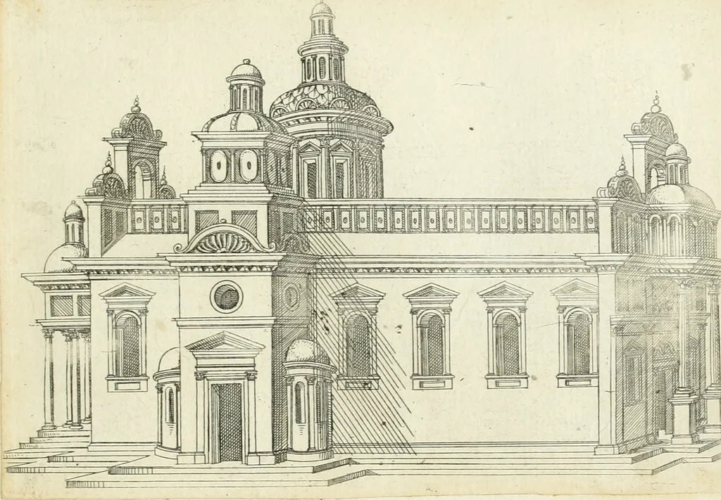 An illustration from Iacobvs Androvetivs dv Cerceav lectoribvs s. Qvoniam apvd veteres alio strvctvræ genere templa fvervnt ædificata, qvam ea qve nostra ætate passim conspicivntur : non inivicvndvm fore studiosis amtiqvitatis, nec a meo institvto alienvm existimavi : si formam ipsam et tanqvam faciem illorvm videndam qvibvslibet exhiberem. .., 1550, leaf 42