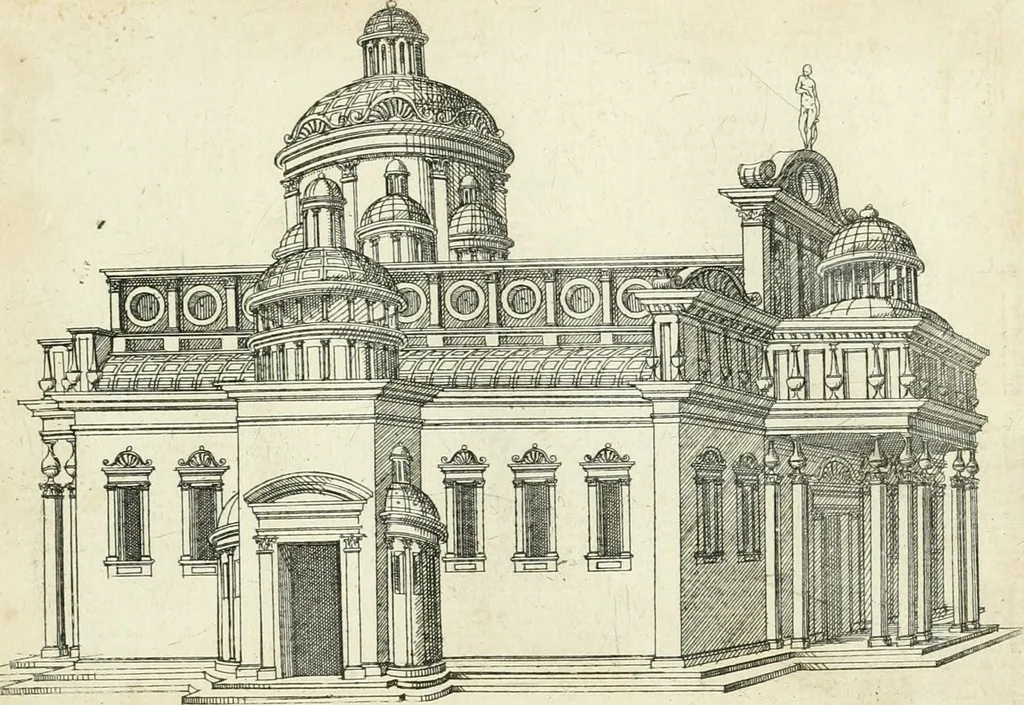 An illustration from Iacobvs Androvetivs dv Cerceav lectoribvs s. Qvoniam apvd veteres alio strvctvræ genere templa fvervnt ædificata, qvam ea qve nostra ætate passim conspicivntur : non inivicvndvm fore studiosis amtiqvitatis, nec a meo institvto alienvm existimavi : si formam ipsam et tanqvam faciem illorvm videndam qvibvslibet exhiberem. .., 1550, leaf 44