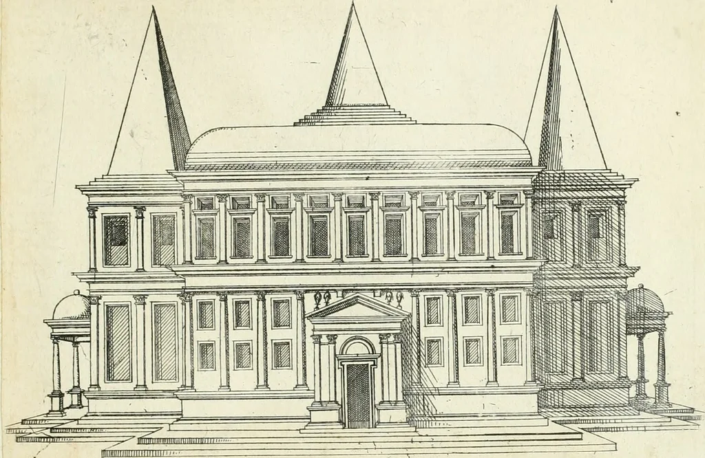 An illustration from Iacobvs Androvetivs dv Cerceav lectoribvs s. Qvoniam apvd veteres alio strvctvræ genere templa fvervnt ædificata, qvam ea qve nostra ætate passim conspicivntur : non inivicvndvm fore studiosis amtiqvitatis, nec a meo institvto alienvm existimavi : si formam ipsam et tanqvam faciem illorvm videndam qvibvslibet exhiberem. .., 1550, leaf 46