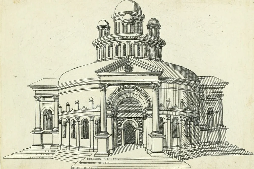 An illustration from Iacobvs Androvetivs dv Cerceav lectoribvs s. Qvoniam apvd veteres alio strvctvræ genere templa fvervnt ædificata, qvam ea qve nostra ætate passim conspicivntur : non inivicvndvm fore studiosis amtiqvitatis, nec a meo institvto alienvm existimavi : si formam ipsam et tanqvam faciem illorvm videndam qvibvslibet exhiberem. .., 1550, leaf 48
