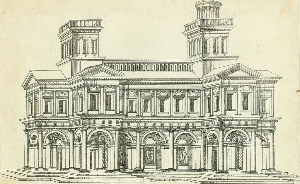 An illustration from Iacobvs Androvetivs dv Cerceav lectoribvs s. Qvoniam apvd veteres alio strvctvræ genere templa fvervnt ædificata, qvam ea qve nostra ætate passim conspicivntur : non inivicvndvm fore studiosis amtiqvitatis, nec a meo institvto alienvm existimavi : si formam ipsam et tanqvam faciem illorvm videndam qvibvslibet exhiberem. .., 1550, leaf 52