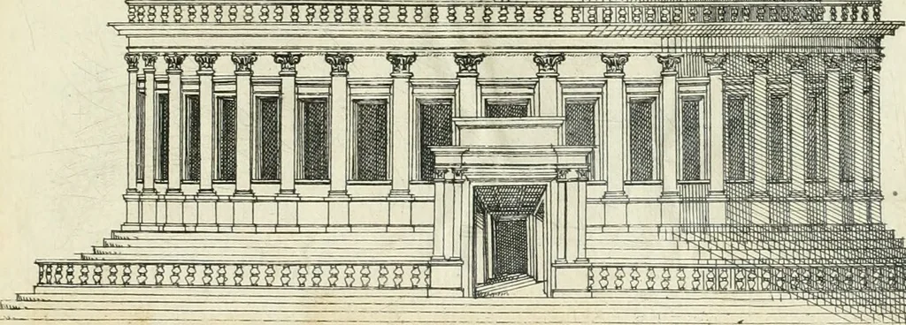 An illustration from Iacobvs Androvetivs dv Cerceav lectoribvs s. Qvoniam apvd veteres alio strvctvræ genere templa fvervnt ædificata, qvam ea qve nostra ætate passim conspicivntur : non inivicvndvm fore studiosis amtiqvitatis, nec a meo institvto alienvm existimavi : si formam ipsam et tanqvam faciem illorvm videndam qvibvslibet exhiberem. .., 1550, leaf 54