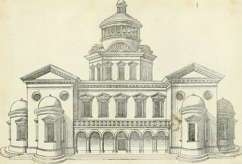 An illustration from Iacobvs Androvetivs dv Cerceav lectoribvs s. Qvoniam apvd veteres alio strvctvræ genere templa fvervnt ædificata, qvam ea qve nostra ætate passim conspicivntur : non inivicvndvm fore studiosis amtiqvitatis, nec a meo institvto alienvm existimavi : si formam ipsam et tanqvam faciem illorvm videndam qvibvslibet exhiberem. .., 1550, leaf 56