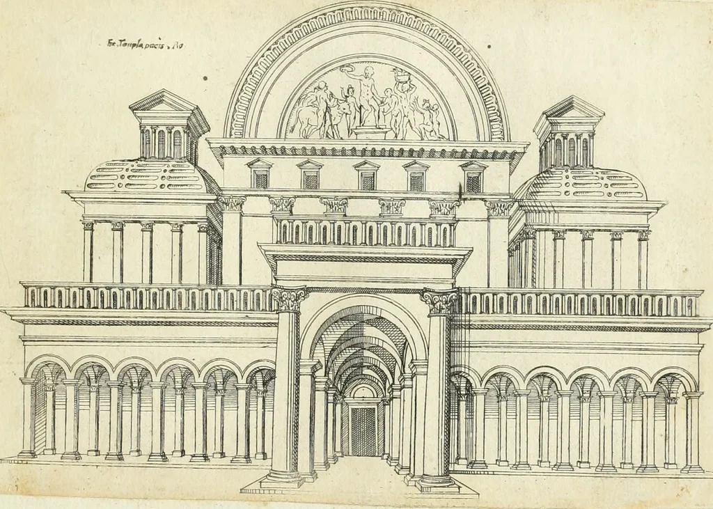 An illustration from Iacobvs Androvetivs dv Cerceav lectoribvs s. Qvoniam apvd veteres alio strvctvræ genere templa fvervnt ædificata, qvam ea qve nostra ætate passim conspicivntur : non inivicvndvm fore studiosis amtiqvitatis, nec a meo institvto alienvm existimavi : si formam ipsam et tanqvam faciem illorvm videndam qvibvslibet exhiberem. .., 1550, leaf 58