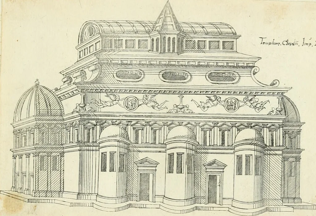An illustration from Iacobvs Androvetivs dv Cerceav lectoribvs s. Qvoniam apvd veteres alio strvctvræ genere templa fvervnt ædificata, qvam ea qve nostra ætate passim conspicivntur : non inivicvndvm fore studiosis amtiqvitatis, nec a meo institvto alienvm existimavi : si formam ipsam et tanqvam faciem illorvm videndam qvibvslibet exhiberem. .., 1550, leaf 62
