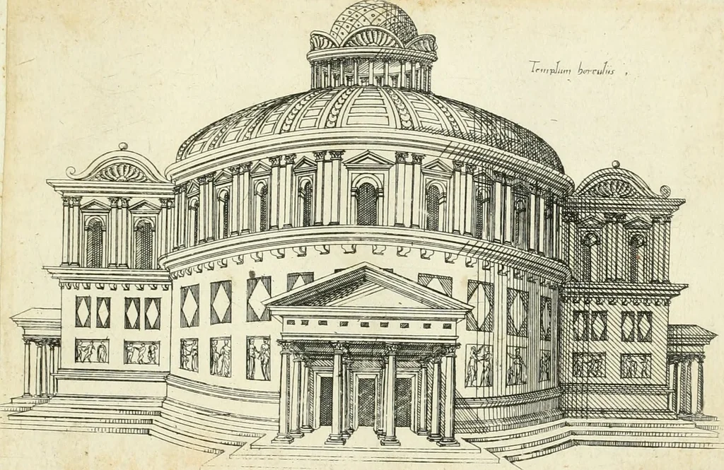 An illustration from Iacobvs Androvetivs dv Cerceav lectoribvs s. Qvoniam apvd veteres alio strvctvræ genere templa fvervnt ædificata, qvam ea qve nostra ætate passim conspicivntur : non inivicvndvm fore studiosis amtiqvitatis, nec a meo institvto alienvm existimavi : si formam ipsam et tanqvam faciem illorvm videndam qvibvslibet exhiberem. .., 1550, leaf 64