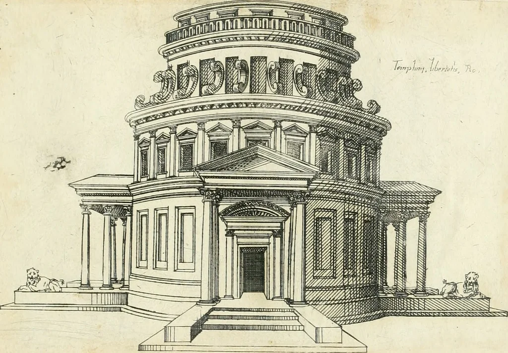 An illustration from Iacobvs Androvetivs dv Cerceav lectoribvs s. Qvoniam apvd veteres alio strvctvræ genere templa fvervnt ædificata, qvam ea qve nostra ætate passim conspicivntur : non inivicvndvm fore studiosis amtiqvitatis, nec a meo institvto alienvm existimavi : si formam ipsam et tanqvam faciem illorvm videndam qvibvslibet exhiberem. .., 1550, leaf 66