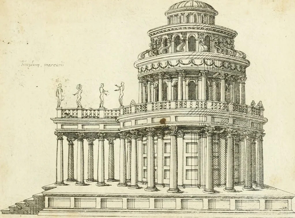 An illustration from Iacobvs Androvetivs dv Cerceav lectoribvs s. Qvoniam apvd veteres alio strvctvræ genere templa fvervnt ædificata, qvam ea qve nostra ætate passim conspicivntur : non inivicvndvm fore studiosis amtiqvitatis, nec a meo institvto alienvm existimavi : si formam ipsam et tanqvam faciem illorvm videndam qvibvslibet exhiberem. .., 1550, leaf 68