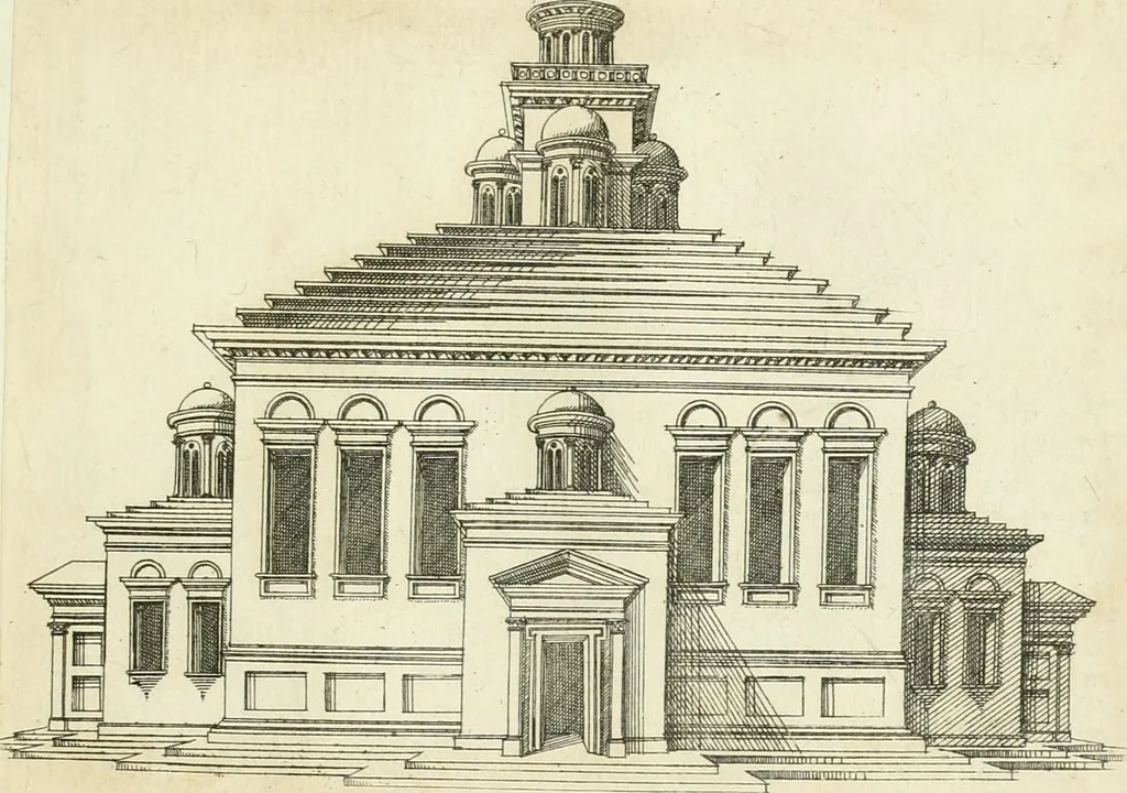 An illustration from Iacobvs Androvetivs dv Cerceav lectoribvs s. Qvoniam apvd veteres alio strvctvræ genere templa fvervnt ædificata, qvam ea qve nostra ætate passim conspicivntur : non inivicvndvm fore studiosis amtiqvitatis, nec a meo institvto alienvm existimavi : si formam ipsam et tanqvam faciem illorvm videndam qvibvslibet exhiberem. .., 1550, leaf 70