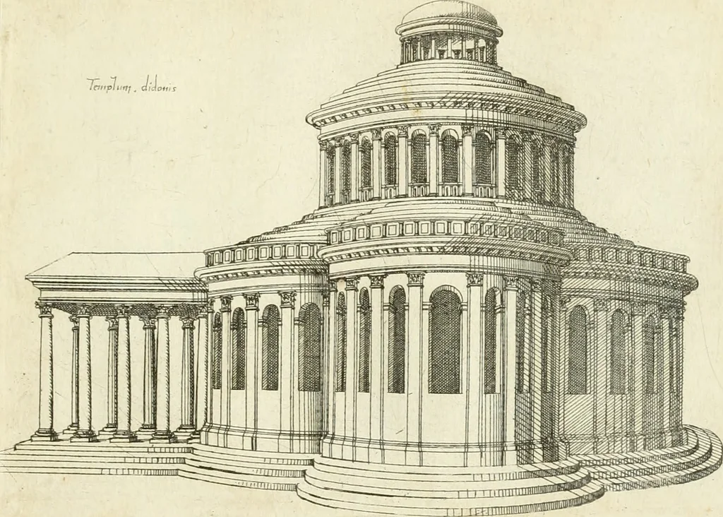 An illustration from Iacobvs Androvetivs dv Cerceav lectoribvs s. Qvoniam apvd veteres alio strvctvræ genere templa fvervnt ædificata, qvam ea qve nostra ætate passim conspicivntur : non inivicvndvm fore studiosis amtiqvitatis, nec a meo institvto alienvm existimavi : si formam ipsam et tanqvam faciem illorvm videndam qvibvslibet exhiberem. .., 1550, leaf 72