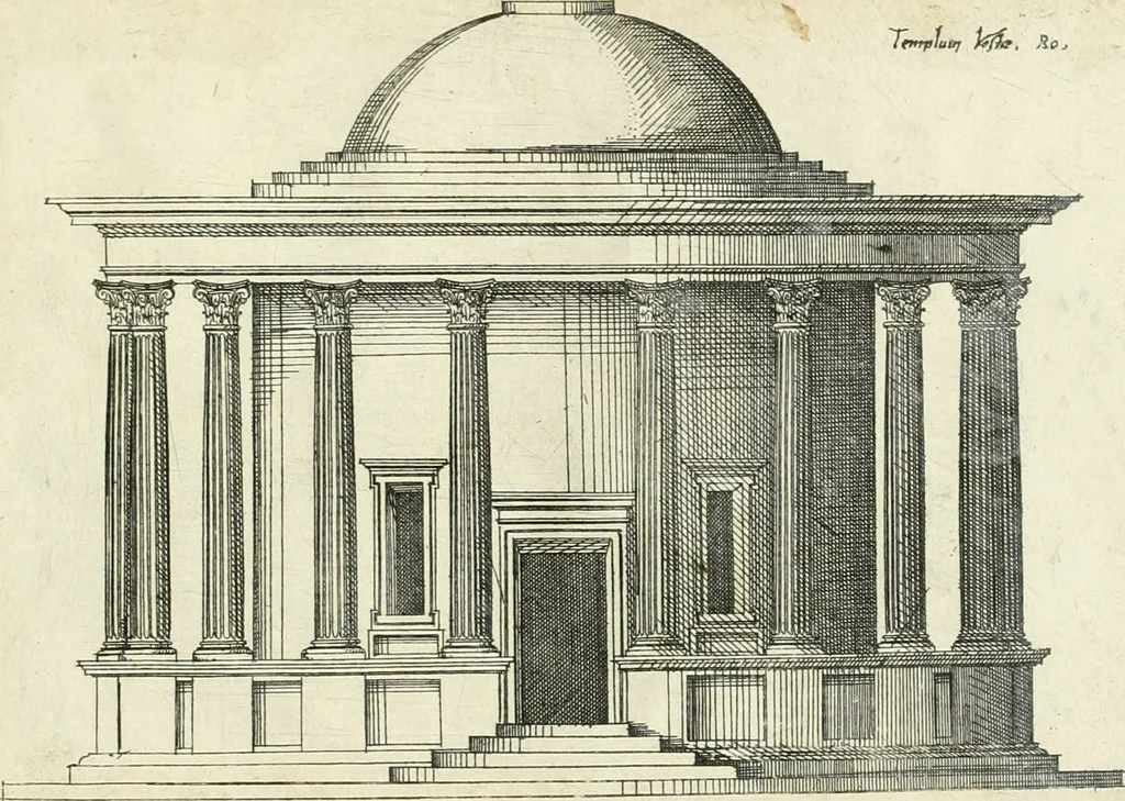 An illustration from Iacobvs Androvetivs dv Cerceav lectoribvs s. Qvoniam apvd veteres alio strvctvræ genere templa fvervnt ædificata, qvam ea qve nostra ætate passim conspicivntur : non inivicvndvm fore studiosis amtiqvitatis, nec a meo institvto alienvm existimavi : si formam ipsam et tanqvam faciem illorvm videndam qvibvslibet exhiberem. .., 1550, leaf 74