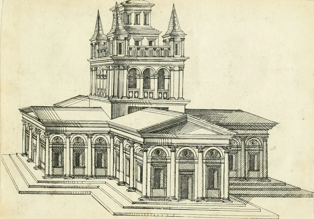 An illustration from Iacobvs Androvetivs dv Cerceav lectoribvs s. Qvoniam apvd veteres alio strvctvræ genere templa fvervnt ædificata, qvam ea qve nostra ætate passim conspicivntur : non inivicvndvm fore studiosis amtiqvitatis, nec a meo institvto alienvm existimavi : si formam ipsam et tanqvam faciem illorvm videndam qvibvslibet exhiberem. .., 1550, leaf 76