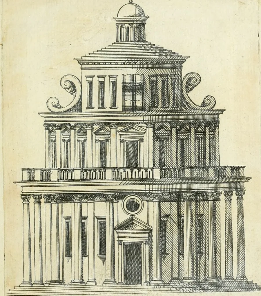 An illustration from Iacobvs Androvetivs dv Cerceav lectoribvs s. Qvoniam apvd veteres alio strvctvræ genere templa fvervnt ædificata, qvam ea qve nostra ætate passim conspicivntur : non inivicvndvm fore studiosis amtiqvitatis, nec a meo institvto alienvm existimavi : si formam ipsam et tanqvam faciem illorvm videndam qvibvslibet exhiberem. .., 1550, leaf 8