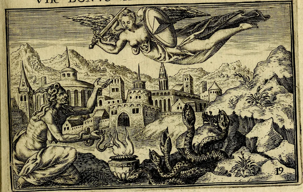An illustration from Iani Iacobi Boissardi Vesvntini emblematum liber. Ipsa emblemata ab auctore delineata: a Theodoro de Bry sculpta & nunc recens in lucem edita, 1593, leaf 60