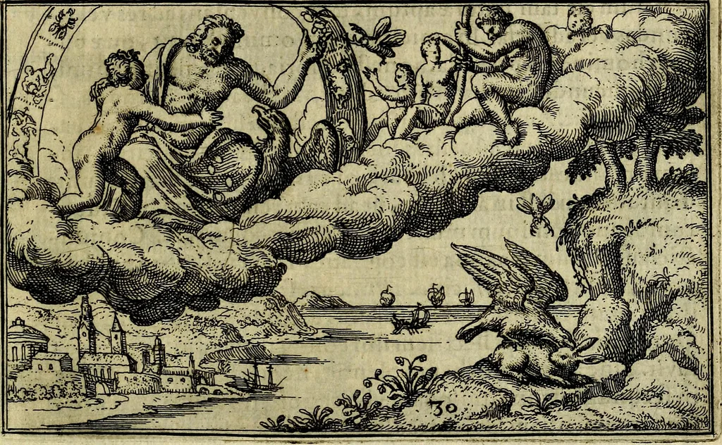 An illustration from Iani Iacobi Boissardi Vesvntini emblematum liber. Ipsa emblemata ab auctore delineata: a Theodoro de Bry sculpta & nunc recens in lucem edita, 1593, leaf 82