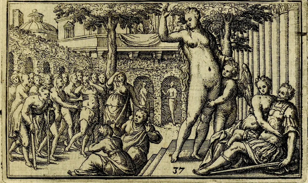 An illustration from Iani Iacobi Boissardi Vesvntini emblematum liber. Ipsa emblemata ab auctore delineata: a Theodoro de Bry sculpta & nunc recens in lucem edita, 1593, leaf 96