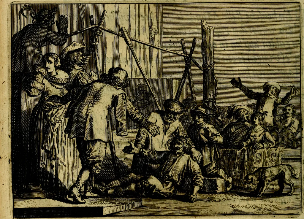 An illustration from Ian vander Veens zinne-beelden, oft Adams appel. Verciert met seer aerdige const-plaeten mesgagers syne oude ende nieuwe ongemeene bruydt-lofs ende zege-zangen..., 1642, leaf 155