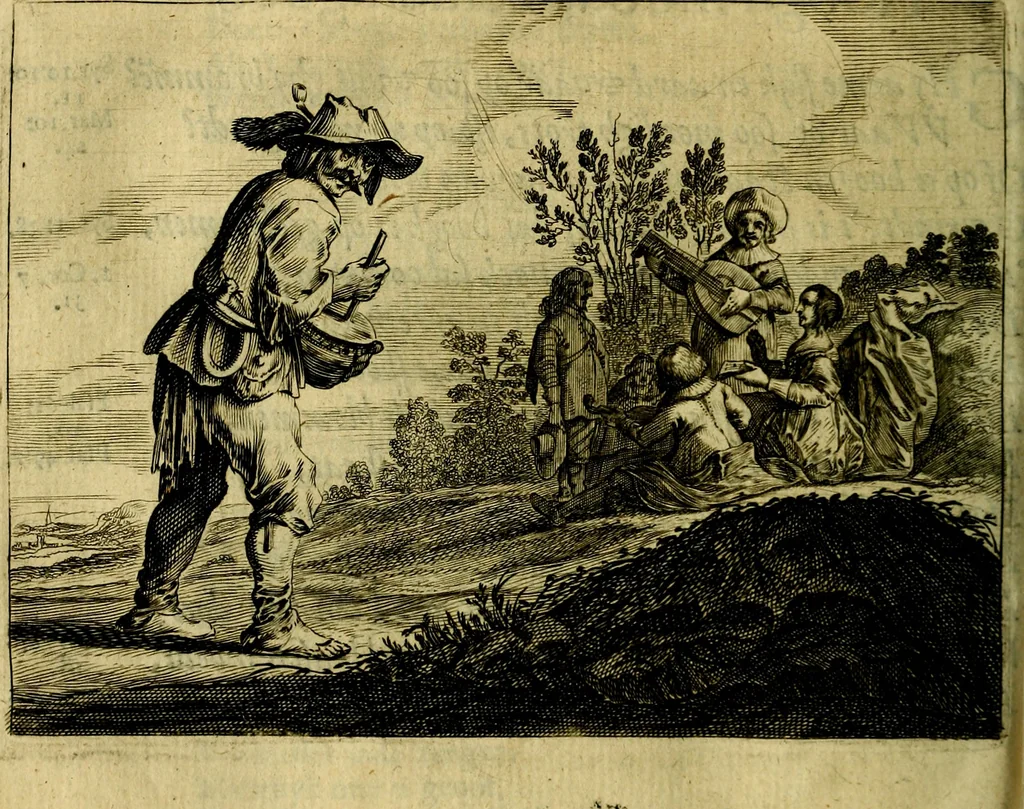 An illustration from Ian vander Veens zinne-beelden, oft Adams appel. Verciert met seer aerdige const-plaeten mesgagers syne oude ende nieuwe ongemeene bruydt-lofs ende zege-zangen..., 1642, leaf 247