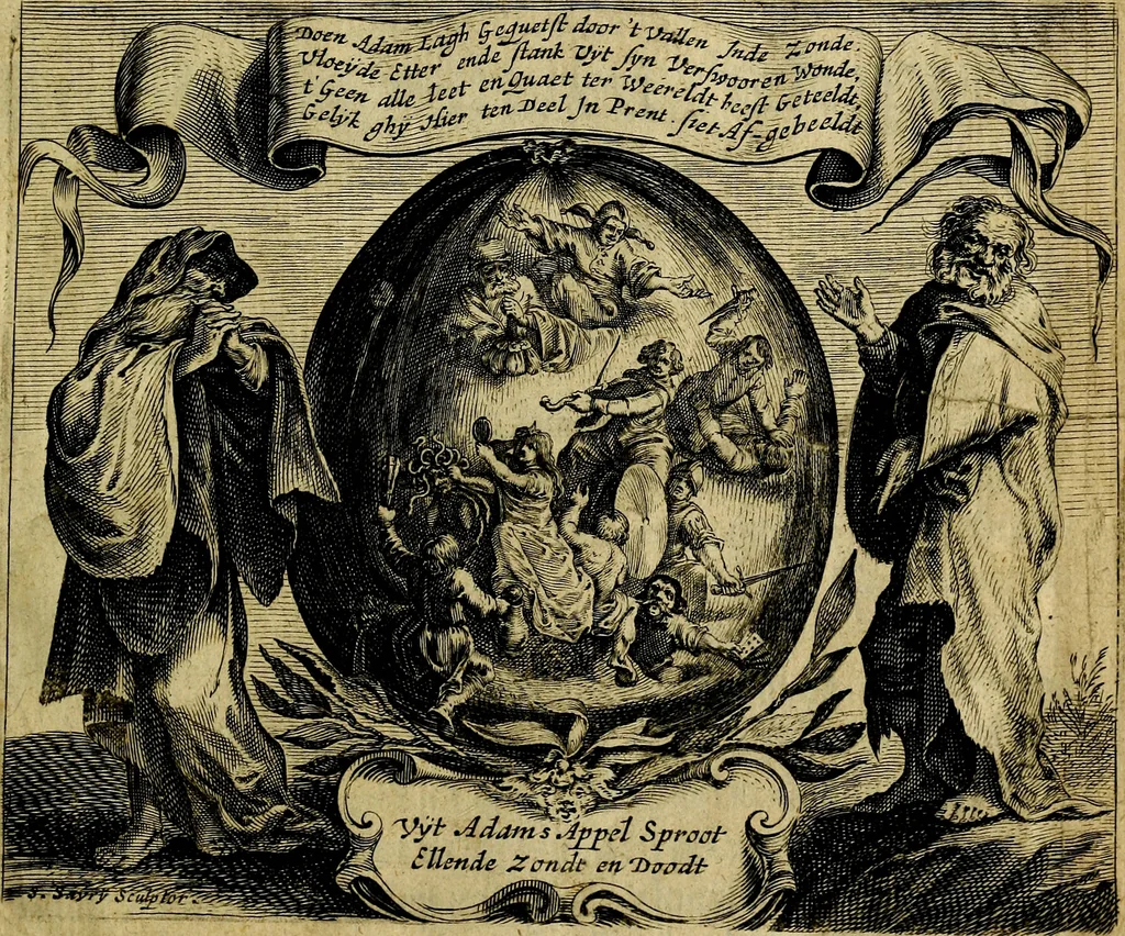 An illustration from Ian vander Veens zinne-beelden, oft Adams appel. Verciert met seer aerdige const-plaeten mesgagers syne oude ende nieuwe ongemeene bruydt-lofs ende zege-zangen..., 1642, leaf 6