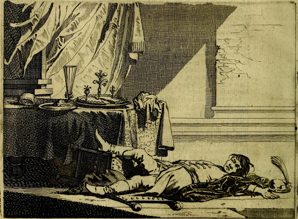 An illustration from Ian vander Veens zinne-beelden, oft Adams appel. Verciert met seer aerdige const-plaeten mesgagers syne oude ende nieuwe ongemeene bruydt-lofs ende zege-zangen..., 1642, leaf 61