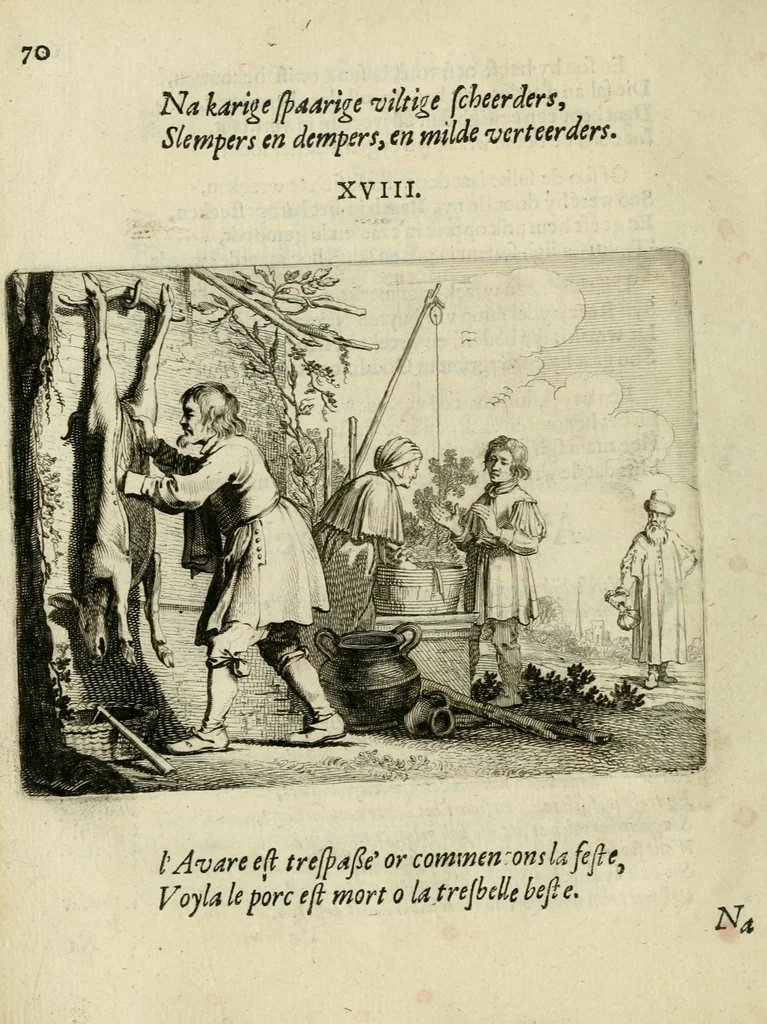 An illustration from Ian vander Veens Zinne-beelden, oft Adams appel : verciert met seer aerdige const-plaeten ; mitsgaders syne oude ende nieuwe ongemeene bruydt-lofs ende zege-zangen, 1642, leaf 104