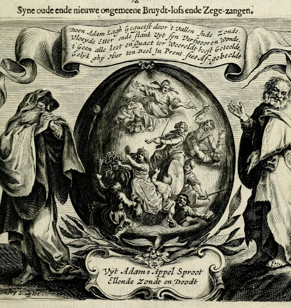 An illustration from Ian vander Veens Zinne-beelden, oft Adams appel : verciert met seer aerdige const-plaeten ; mitsgaders syne oude ende nieuwe ongemeene bruydt-lofs ende zege-zangen, 1642, leaf 13