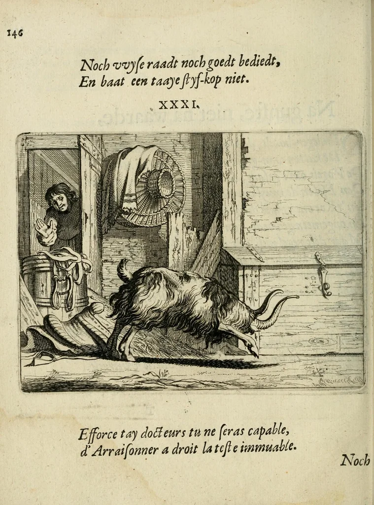 An illustration from Ian vander Veens Zinne-beelden, oft Adams appel : verciert met seer aerdige const-plaeten ; mitsgaders syne oude ende nieuwe ongemeene bruydt-lofs ende zege-zangen, 1642, leaf 180
