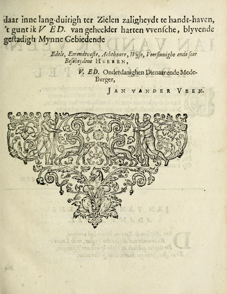 An illustration from Ian vander Veens Zinne-beelden, oft Adams appel : verciert met seer aerdige const-plaeten ; mitsgaders syne oude ende nieuwe ongemeene bruydt-lofs ende zege-zangen, 1642, leaf 21
