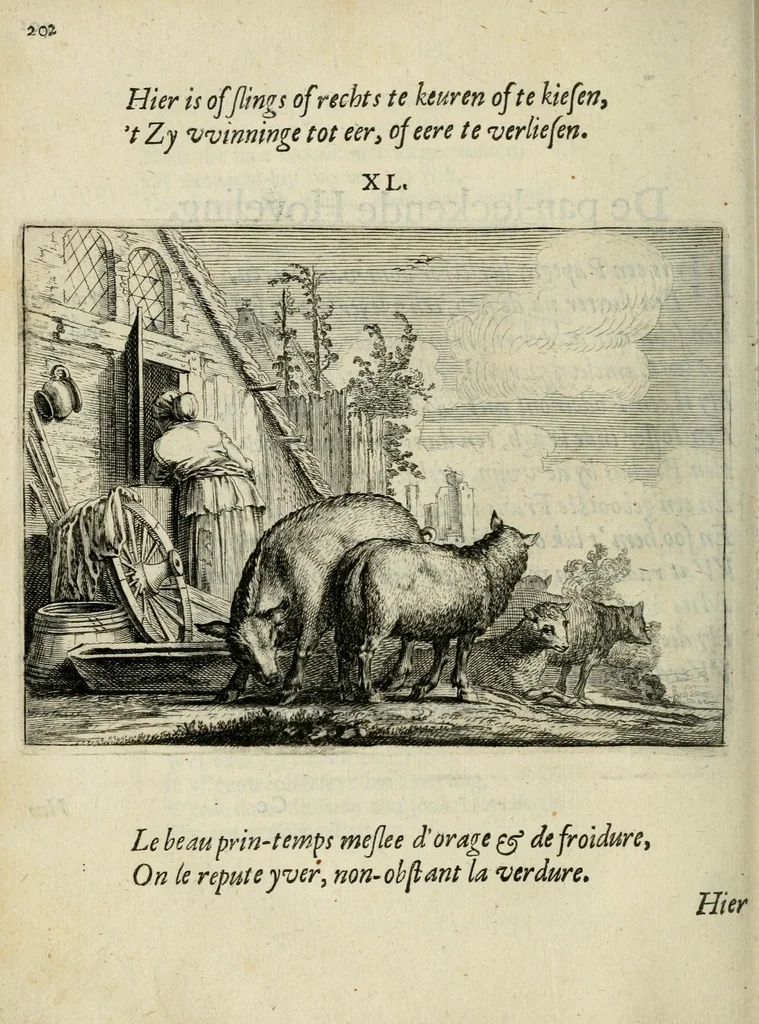 An illustration from Ian vander Veens Zinne-beelden, oft Adams appel : verciert met seer aerdige const-plaeten ; mitsgaders syne oude ende nieuwe ongemeene bruydt-lofs ende zege-zangen, 1642, leaf 236