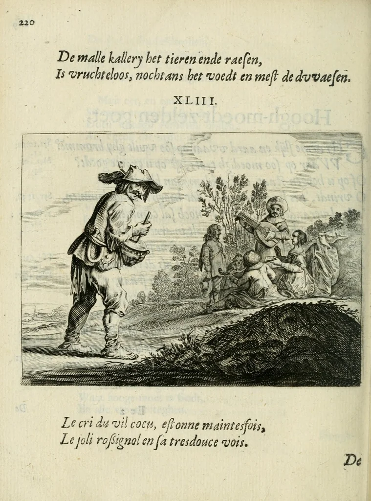 An illustration from Ian vander Veens Zinne-beelden, oft Adams appel : verciert met seer aerdige const-plaeten ; mitsgaders syne oude ende nieuwe ongemeene bruydt-lofs ende zege-zangen, 1642, leaf 254