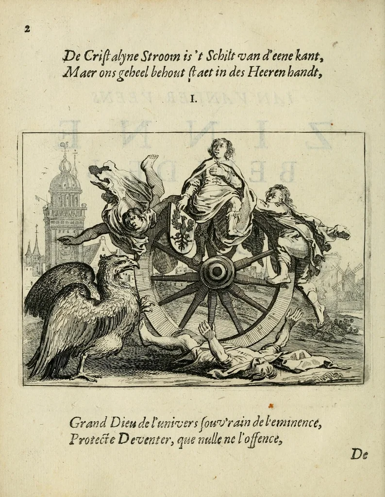 An illustration from Ian vander Veens Zinne-beelden, oft Adams appel : verciert met seer aerdige const-plaeten ; mitsgaders syne oude ende nieuwe ongemeene bruydt-lofs ende zege-zangen, 1642, leaf 36