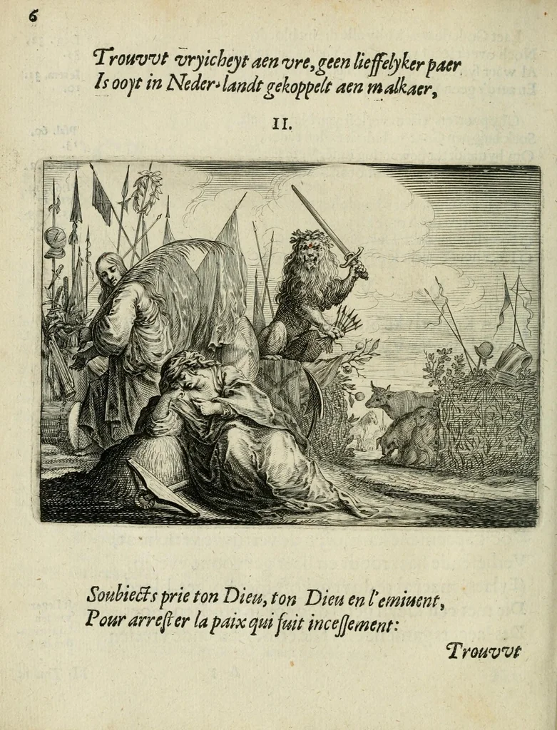 An illustration from Ian vander Veens Zinne-beelden, oft Adams appel : verciert met seer aerdige const-plaeten ; mitsgaders syne oude ende nieuwe ongemeene bruydt-lofs ende zege-zangen, 1642, leaf 40