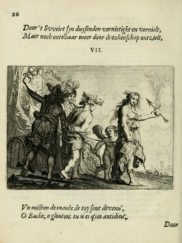 An illustration from Ian vander Veens Zinne-beelden, oft Adams appel : verciert met seer aerdige const-plaeten ; mitsgaders syne oude ende nieuwe ongemeene bruydt-lofs ende zege-zangen, 1642, leaf 60