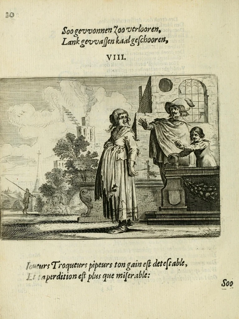 An illustration from Ian vander Veens Zinne-beelden, oft Adams appel : verciert met seer aerdige const-plaeten ; mitsgaders syne oude ende nieuwe ongemeene bruydt-lofs ende zege-zangen, 1642, leaf 64