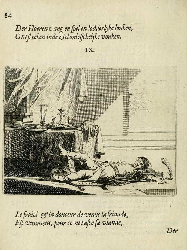 An illustration from Ian vander Veens Zinne-beelden, oft Adams appel : verciert met seer aerdige const-plaeten ; mitsgaders syne oude ende nieuwe ongemeene bruydt-lofs ende zege-zangen, 1642, leaf 68