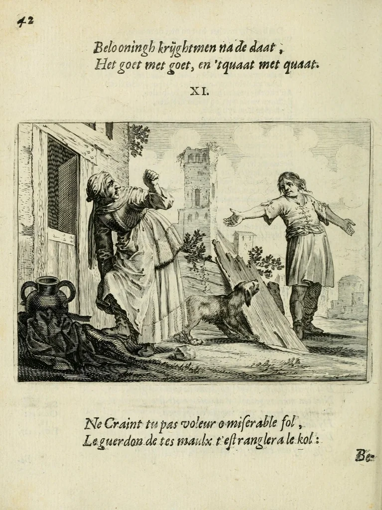 An illustration from Ian vander Veens Zinne-beelden, oft Adams appel : verciert met seer aerdige const-plaeten ; mitsgaders syne oude ende nieuwe ongemeene bruydt-lofs ende zege-zangen, 1642, leaf 76