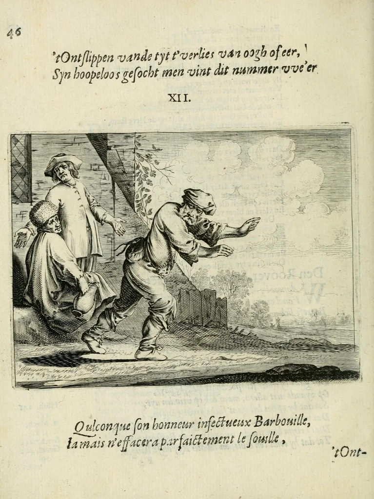 An illustration from Ian vander Veens Zinne-beelden, oft Adams appel : verciert met seer aerdige const-plaeten ; mitsgaders syne oude ende nieuwe ongemeene bruydt-lofs ende zege-zangen, 1642, leaf 80