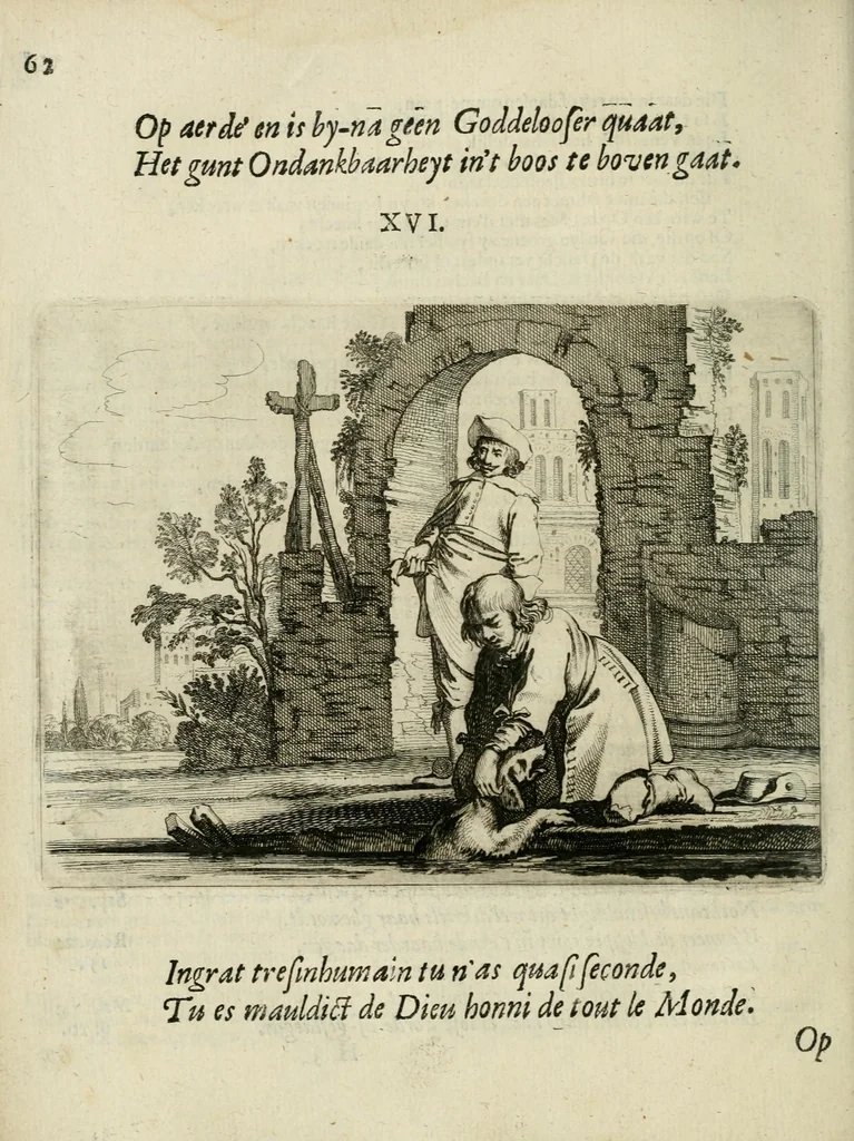 An illustration from Ian vander Veens Zinne-beelden, oft Adams appel : verciert met seer aerdige const-plaeten ; mitsgaders syne oude ende nieuwe ongemeene bruydt-lofs ende zege-zangen, 1642, leaf 96