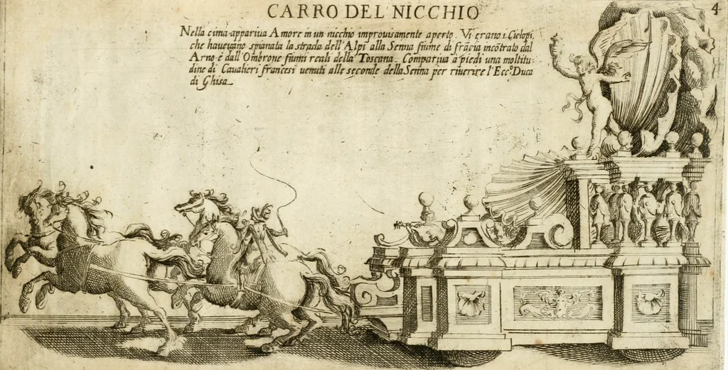An illustration from I carri delle sei contrade, che comparuero splendidamente in teatro alla luce di ser.o Sole, ue[n]gono hora p[er] lor disauentura oscuramente delineati nell'ombre confuse de miei debili intagli ... Siena il dì marzo 1632, deuotiss.o ser.e Bernardino Capitelli, 1632, leaf 10