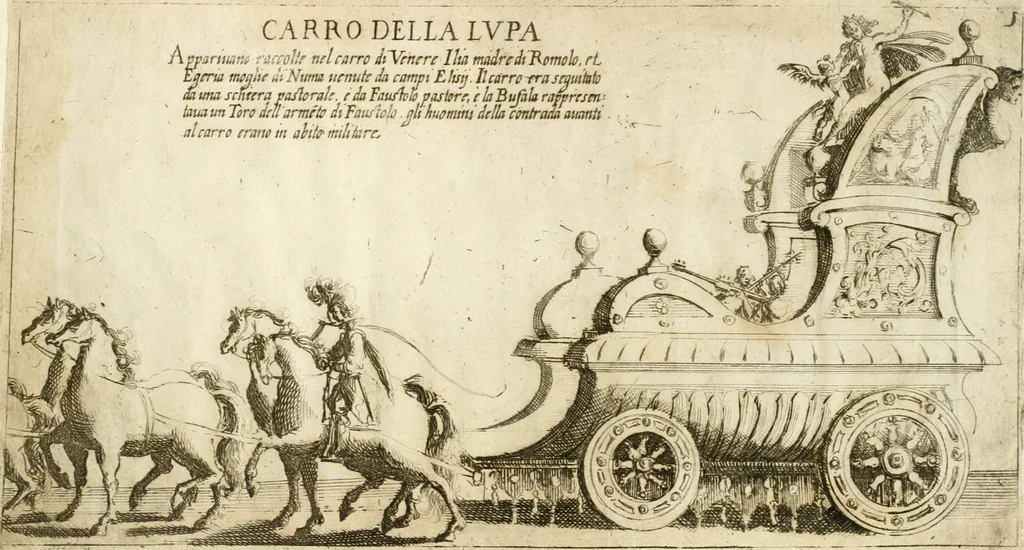 An illustration from I carri delle sei contrade, che comparuero splendidamente in teatro alla luce di ser.o Sole, ue[n]gono hora p[er] lor disauentura oscuramente delineati nell'ombre confuse de miei debili intagli ... Siena il dì marzo 1632, deuotiss.o ser.e Bernardino Capitelli, 1632, leaf 12