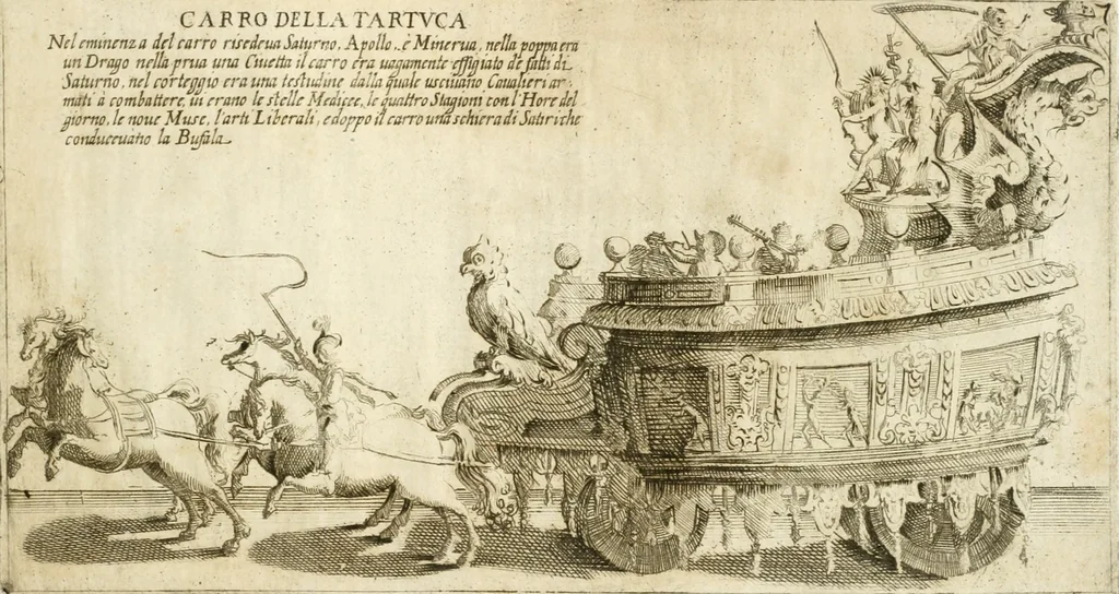 An illustration from I carri delle sei contrade, che comparuero splendidamente in teatro alla luce di ser.o Sole, ue[n]gono hora p[er] lor disauentura oscuramente delineati nell'ombre confuse de miei debili intagli ... Siena il dì marzo 1632, deuotiss.o ser.e Bernardino Capitelli, 1632, leaf 16