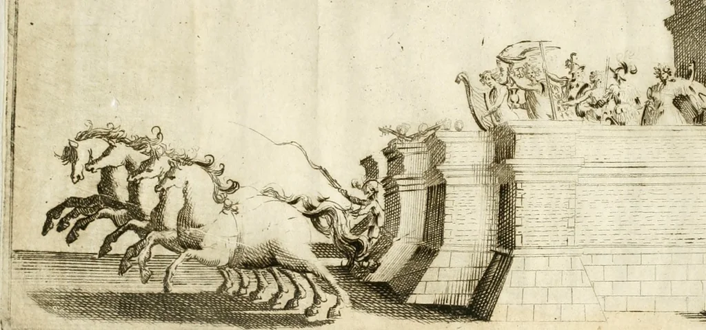 An illustration from I carri delle sei contrade, che comparuero splendidamente in teatro alla luce di ser.o Sole, ue[n]gono hora p[er] lor disauentura oscuramente delineati nell'ombre confuse de miei debili intagli ... Siena il dì marzo 1632, deuotiss.o ser.e Bernardino Capitelli, 1632, leaf 6