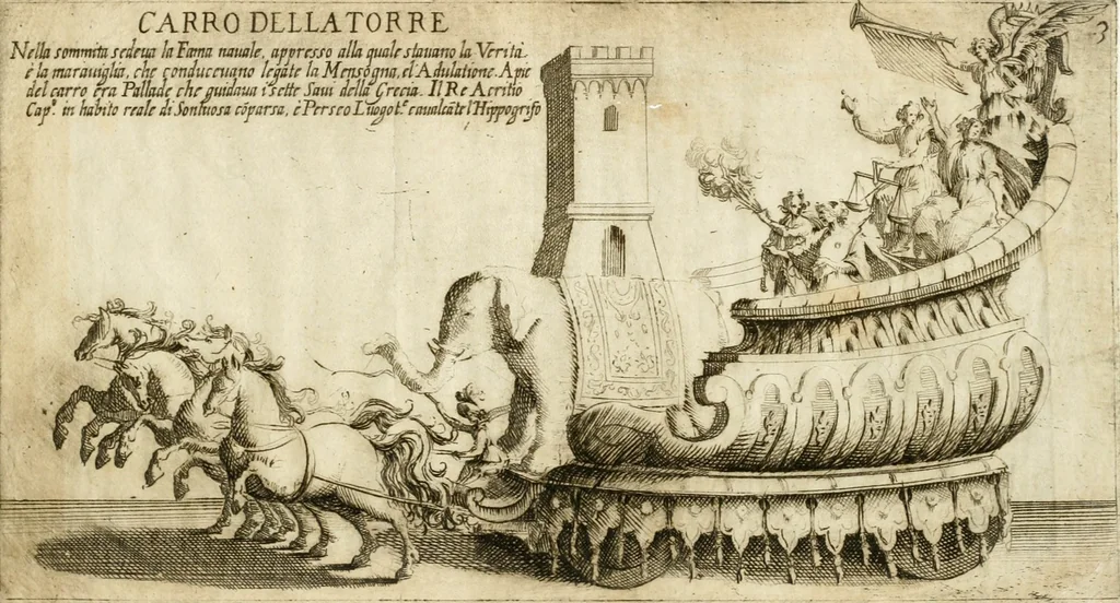 An illustration from I carri delle sei contrade, che comparuero splendidamente in teatro alla luce di ser.o Sole, ue[n]gono hora p[er] lor disauentura oscuramente delineati nell'ombre confuse de miei debili intagli ... Siena il dì marzo 1632, deuotiss.o ser.e Bernardino Capitelli, 1632, leaf 8