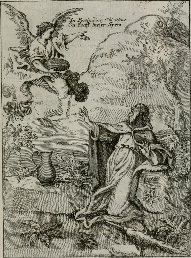 An illustration from Ichnographia emblematica triplicis ad Deum Tri-unum mysticae viae, purgativae, illuminativae, unitivae : splendoribus sanctorum, virtutibus eorum, divinisque charismatibus illustrata, in quinque partes divisa ..., 1779, leaf 102