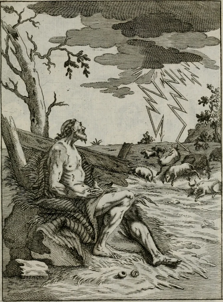 An illustration from Ichnographia emblematica triplicis ad Deum Tri-unum mysticae viae, purgativae, illuminativae, unitivae : splendoribus sanctorum, virtutibus eorum, divinisque charismatibus illustrata, in quinque partes divisa ..., 1779, leaf 106