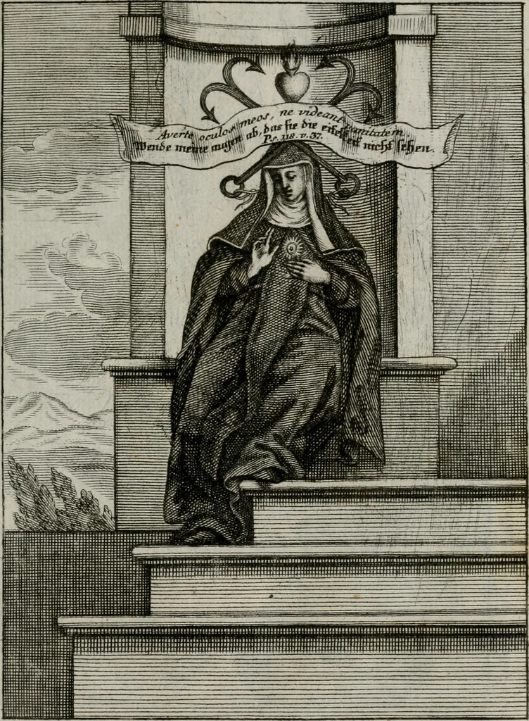 An illustration from Ichnographia emblematica triplicis ad Deum Tri-unum mysticae viae, purgativae, illuminativae, unitivae : splendoribus sanctorum, virtutibus eorum, divinisque charismatibus illustrata, in quinque partes divisa ..., 1779, leaf 110