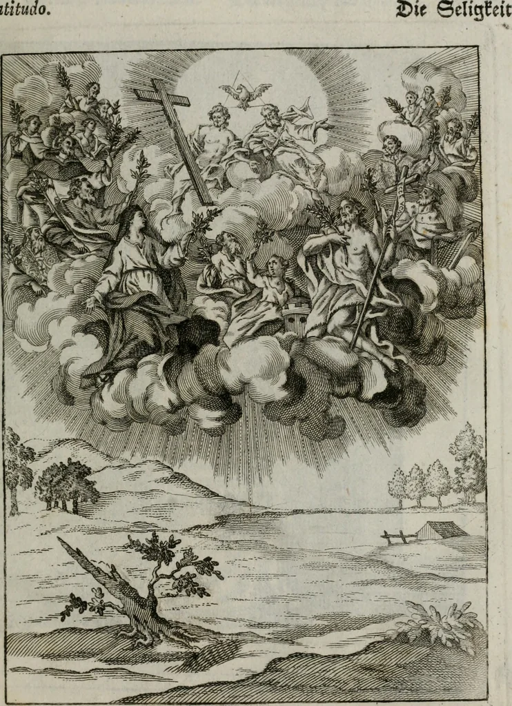 An illustration from Ichnographia emblematica triplicis ad Deum Tri-unum mysticae viae, purgativae, illuminativae, unitivae : splendoribus sanctorum, virtutibus eorum, divinisque charismatibus illustrata, in quinque partes divisa ..., 1779, leaf 116