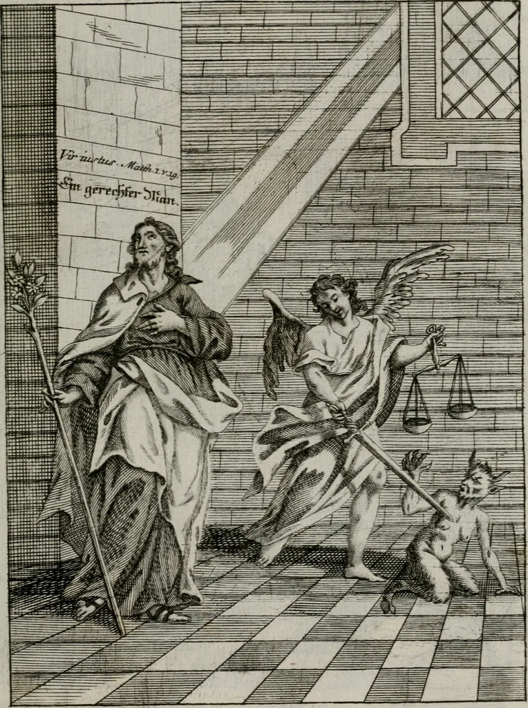 An illustration from Ichnographia emblematica triplicis ad Deum Tri-unum mysticae viae, purgativae, illuminativae, unitivae : splendoribus sanctorum, virtutibus eorum, divinisque charismatibus illustrata, in quinque partes divisa ..., 1779, leaf 124