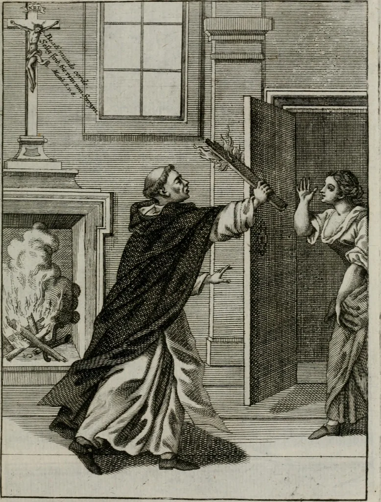 An illustration from Ichnographia emblematica triplicis ad Deum Tri-unum mysticae viae, purgativae, illuminativae, unitivae : splendoribus sanctorum, virtutibus eorum, divinisque charismatibus illustrata, in quinque partes divisa ..., 1779, leaf 128